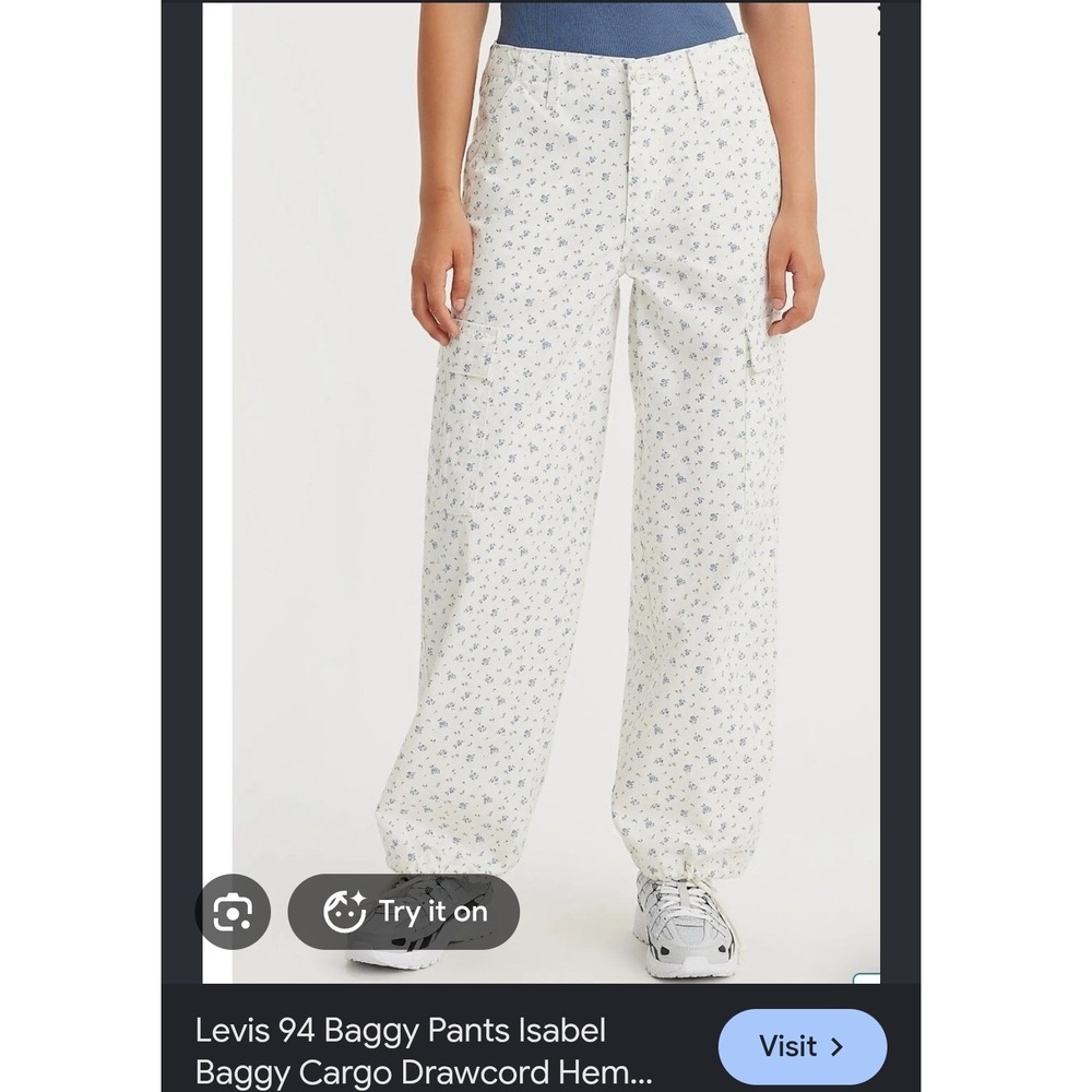 Levis 94 Baggy Isabel Cargo Pants White Blue Floral Drawcord Hem Sz 25 Soft Girl